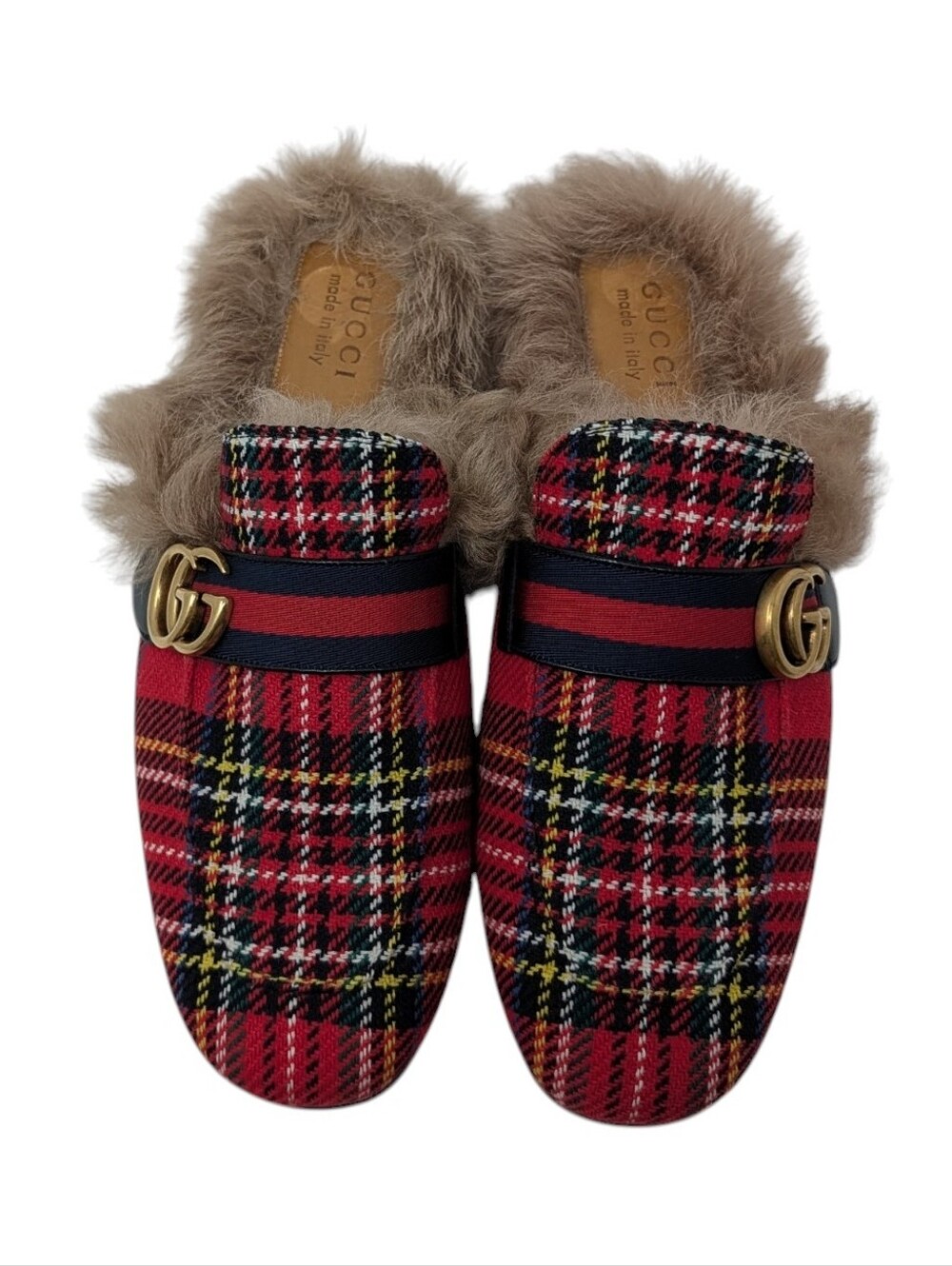 NEW Gucci GG Men's Red Plaid Fur Princetown Loafer Size 9.5